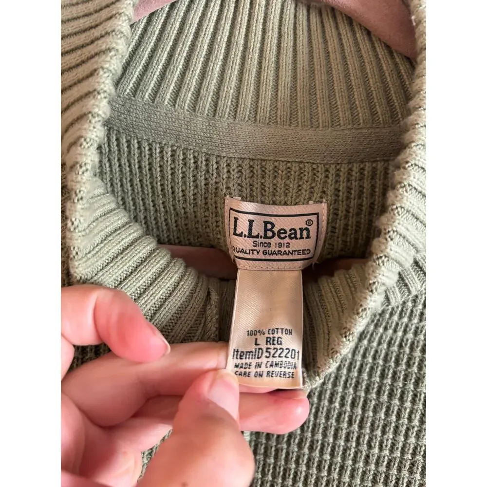 VTG L.L.Bean Men’s Quarter Zip Cotton Sweater Waffle Texture Large Green